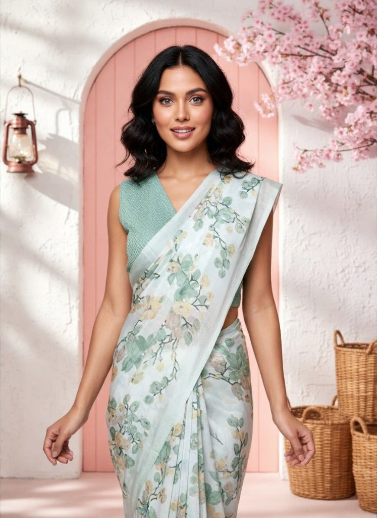 White & Green Floral Crape Silk Saree