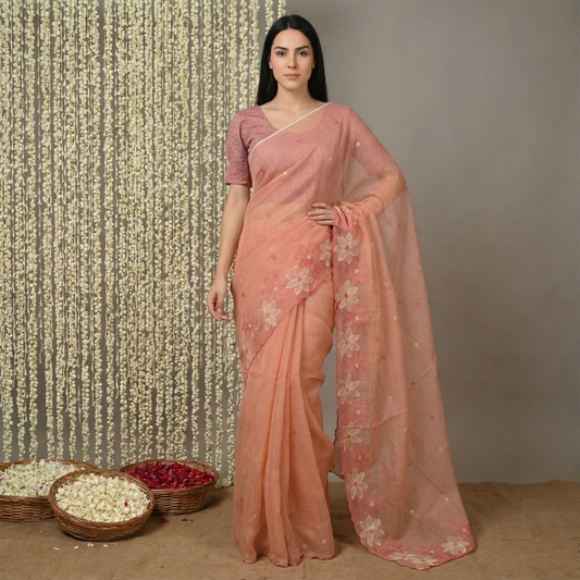 Peach Kota Doria Saree with Floral Embroidery