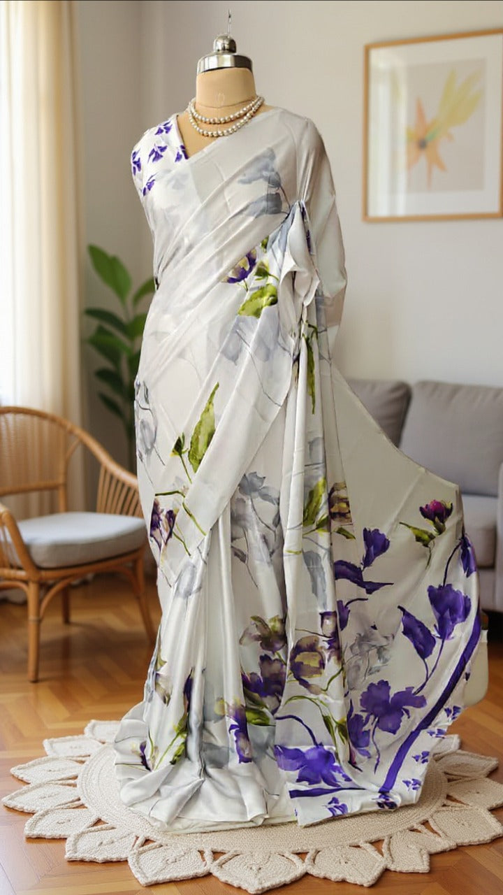 White Satin Crepe Saree