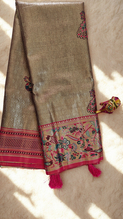 Peach Pink Kanjivaram Silk Saree with Green Border