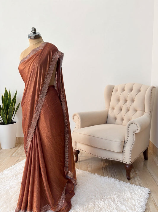 Rust Orange Crush Chiffon silk  Saree