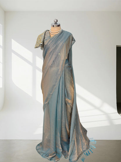 Greyish Blue Crush chiffon Silk Saree