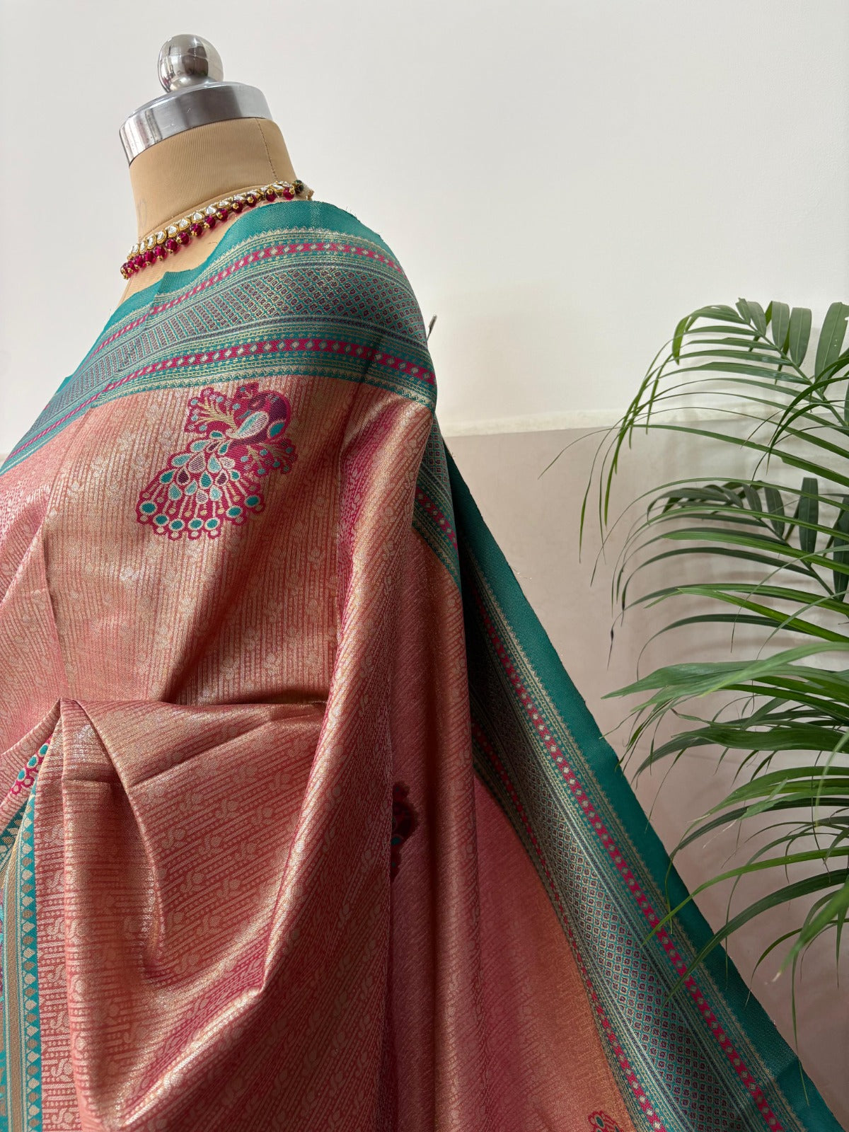Peach Pink Kanjivaram Silk Saree with Green Border