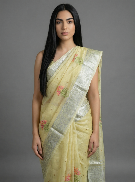 Yellow Linen Saree with Silver Zari work