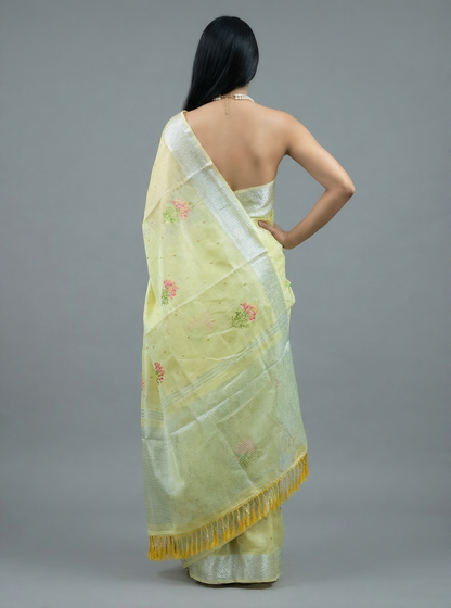 Yellow Linen Saree with Silver Zari work
