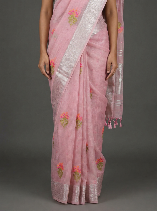 Pink Linen Saree with Silver Zari work