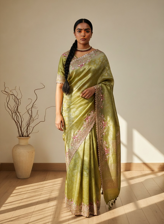 Silk Saree with Sequins Embroidery & Bead Detailing