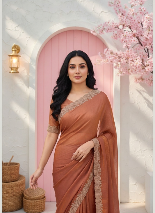 Rust Orange Crush Chiffon silk  Saree