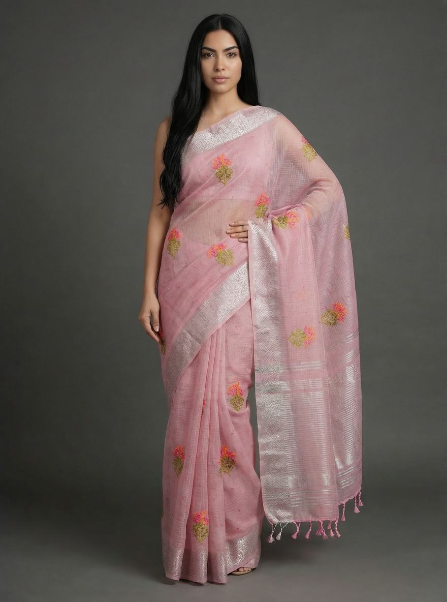 Pink Linen Saree with Silver Zari work