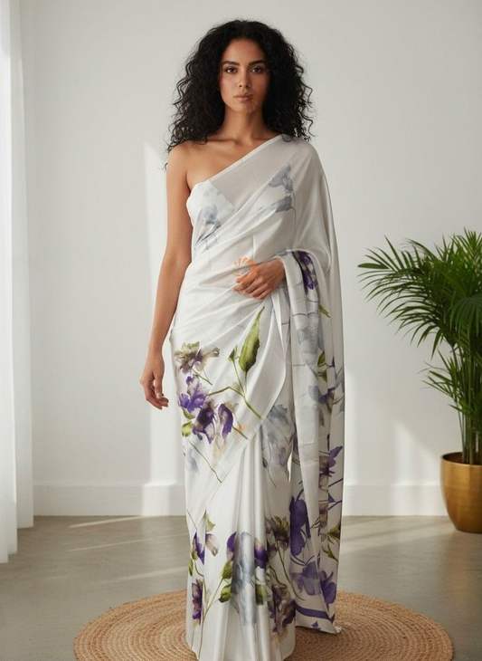 White Satin Crepe Saree