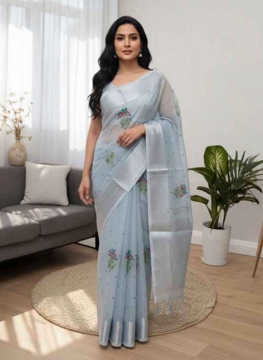 Powder Blue Linen Saree with Silver Zari work