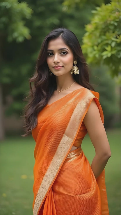Orange Kota Doria Saree with Elegant Zari Border and Embroidered Pallu