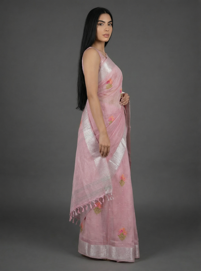 Pink Linen Saree with Silver Zari work