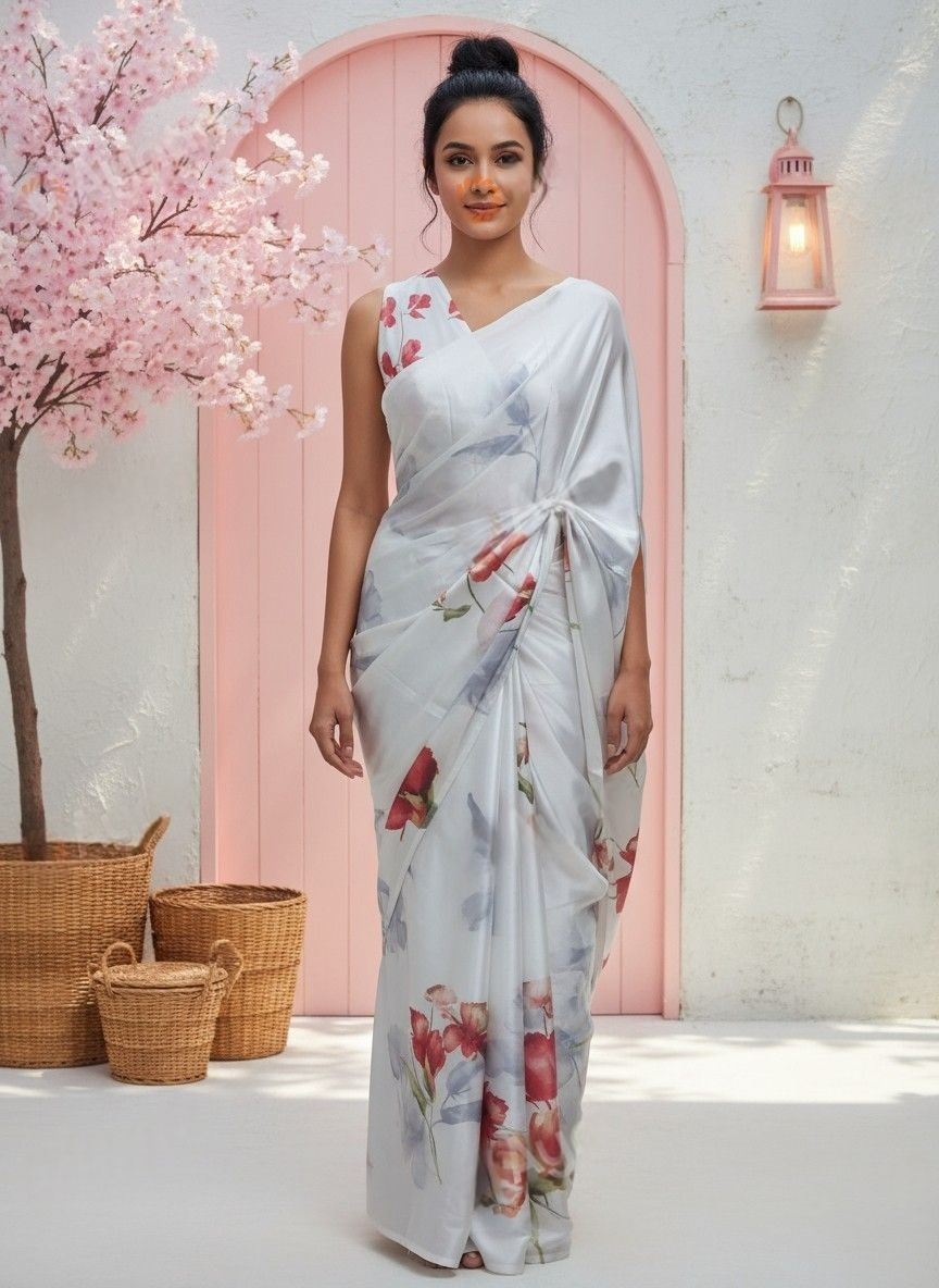 White Satin Crepe Saree