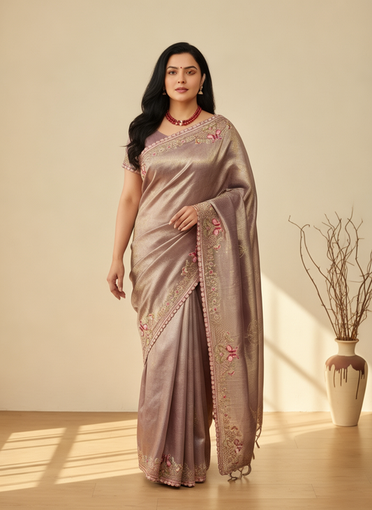 Silk Saree with Sequins Embroidery & Bead Detailing