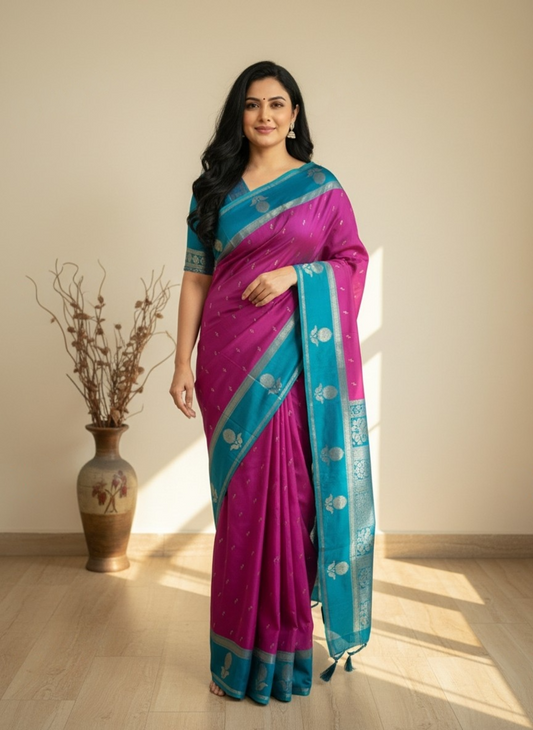 Magenta & Royal Blue Kanjivaram soft Silk Saree