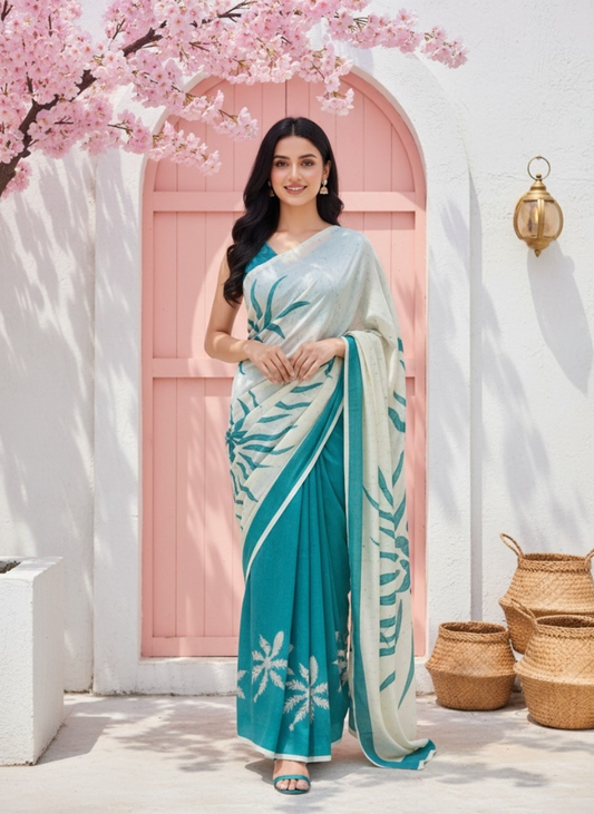 Green & Ivory Satin Crepe Saree