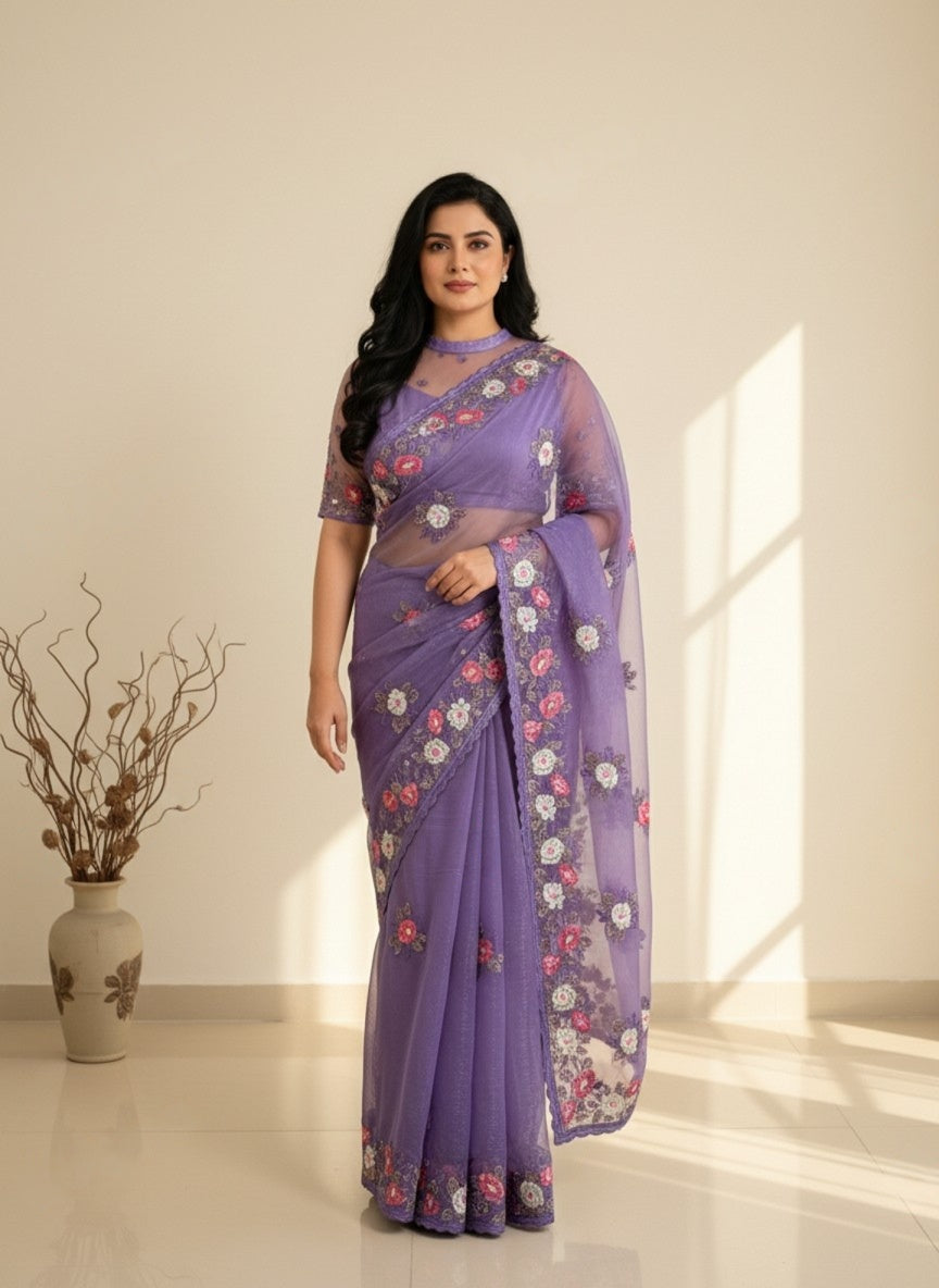 Lavender Fendi Chiffon Saree with Embroidered Detailing