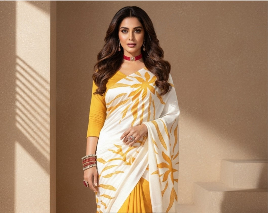 Yellow & Ivory Satin Crepe Saree