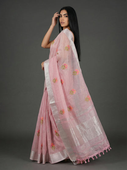Pink Linen Saree with Silver Zari work