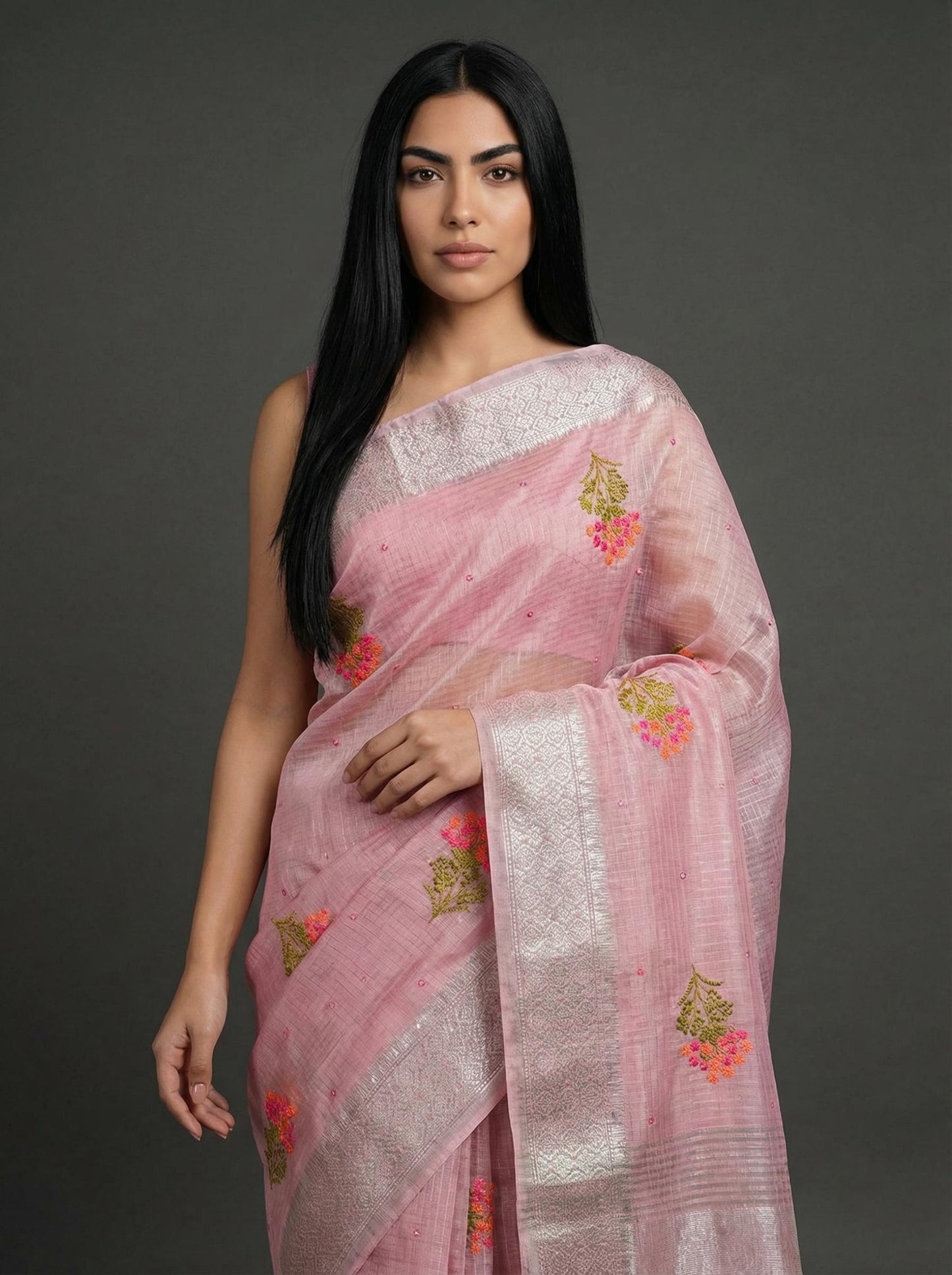 Pink Linen Saree with Silver Zari work