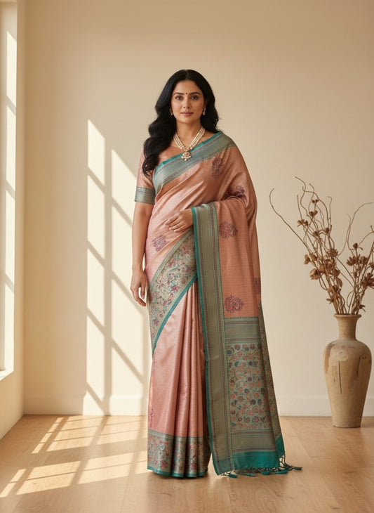 Peach Pink Kanjivaram Silk Saree with Green Border