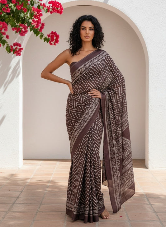 Wine & White Printed Crepe Silk Saree