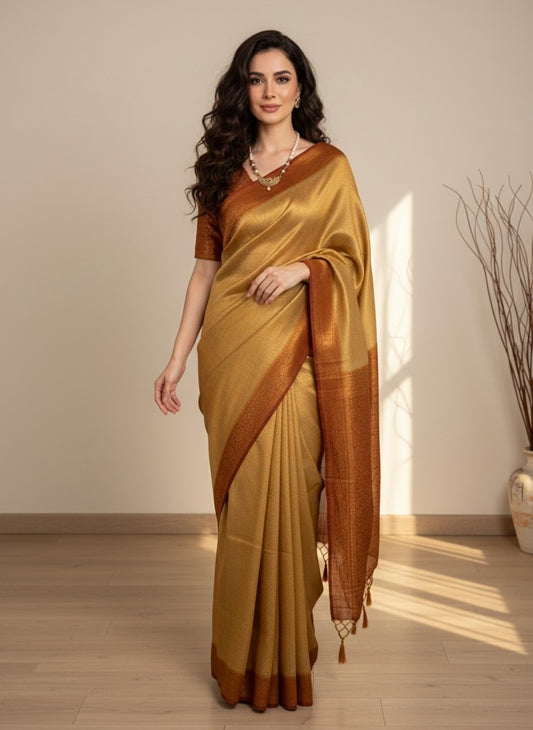 Golden & Rust Mulberry Silk Saree