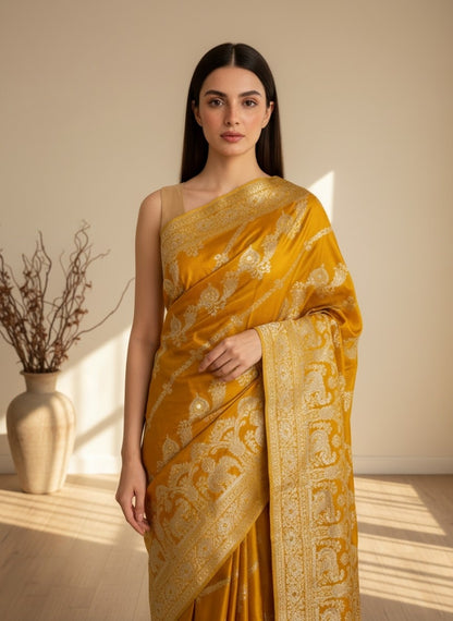 Mustard Yellow Satin silk Saree