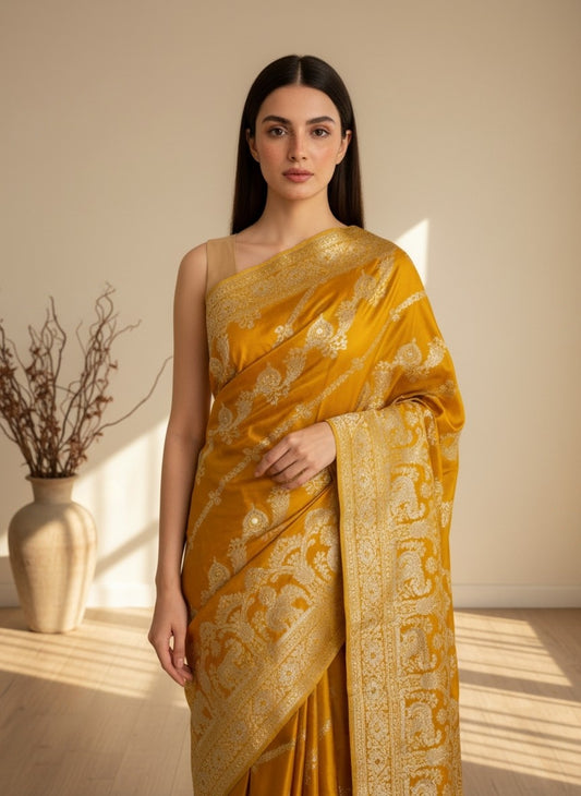 Mustard Yellow Satin silk Saree