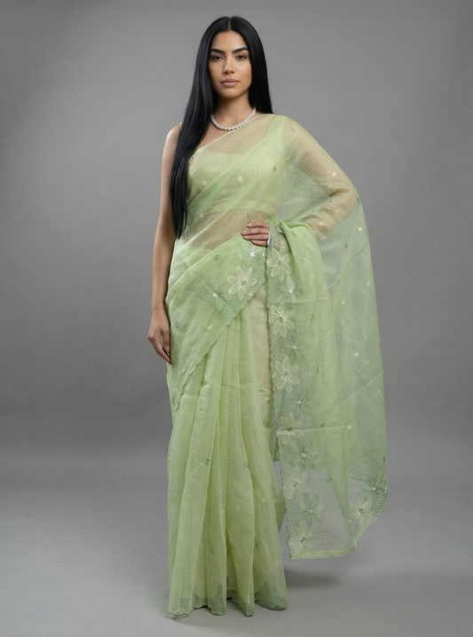 Pastel Green Kota Doria Saree with Floral Embroidery